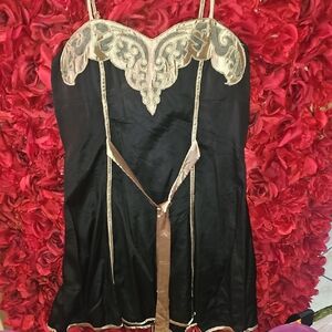 Marineblu Women's Elegant Black and Gold  Mini Dress With Satin Accents Sz Large